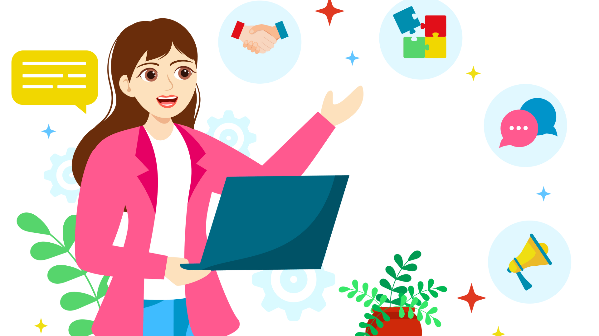 Illustration of a woman with brown hair wearing a pink blazer, holding a laptop, smiling and gesturing with her hand. Various icons surrounding her include a handshake, puzzle pieces, speech bubbles, a megaphone, and gears, with green plants in the background.