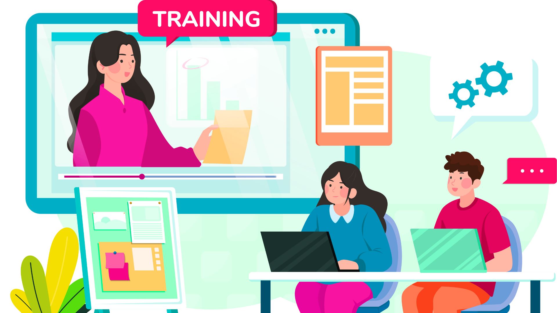 An illustration of a training session. A woman appears on a large computer screen, holding a tablet, with a speech bubble labeled 'TRAINING'. In front of the screen, a woman with black hair and a blue top sits at a desk with a laptop, and a man with brown hair and a red shirt sits nearby with a laptop. There are colorful charts and gears icons, with plant foliage in the foreground.