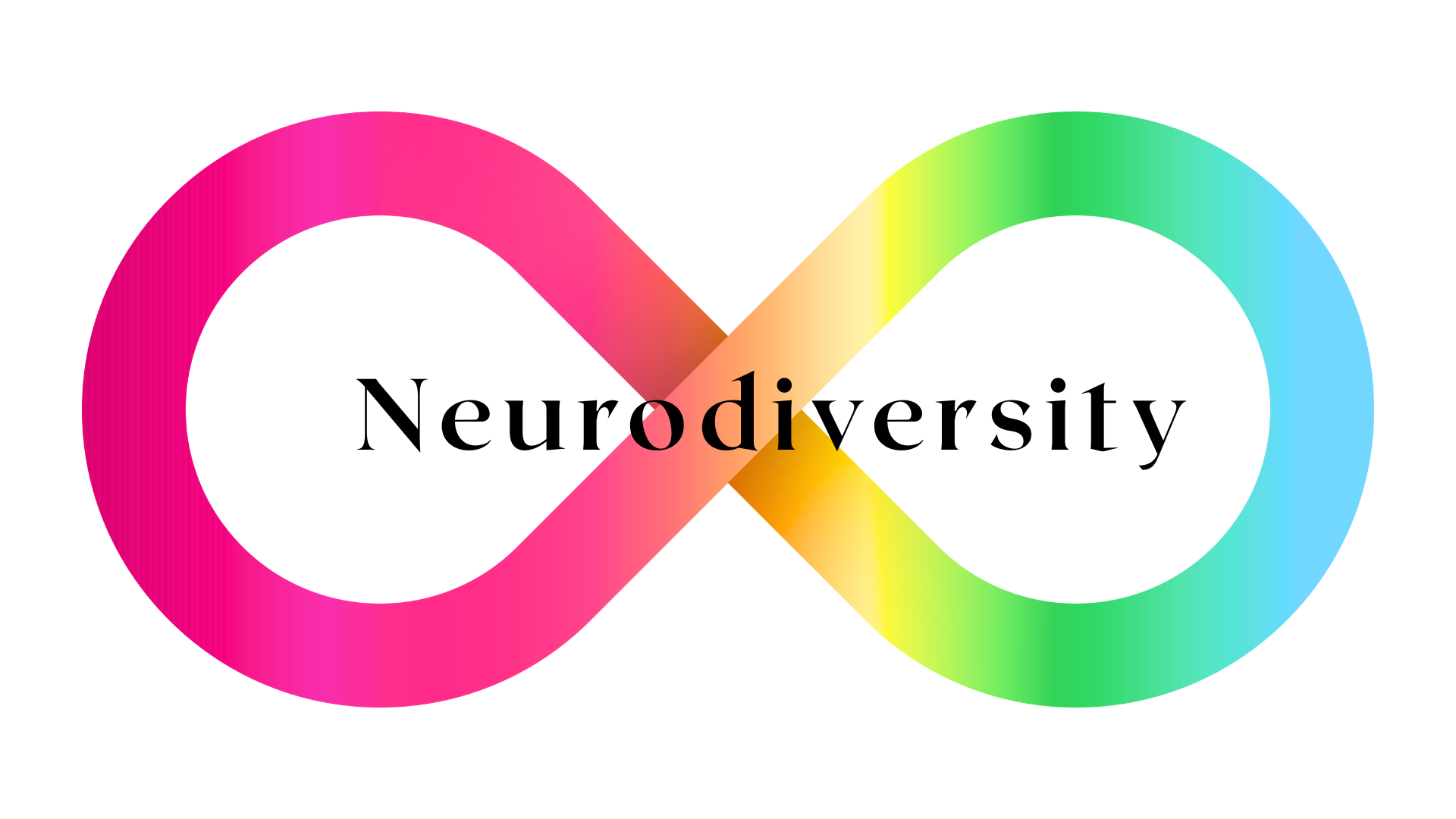 An infinity symbol with a gradient from pink to blue, overlaid with the word 'Neurodiversity' in black text.