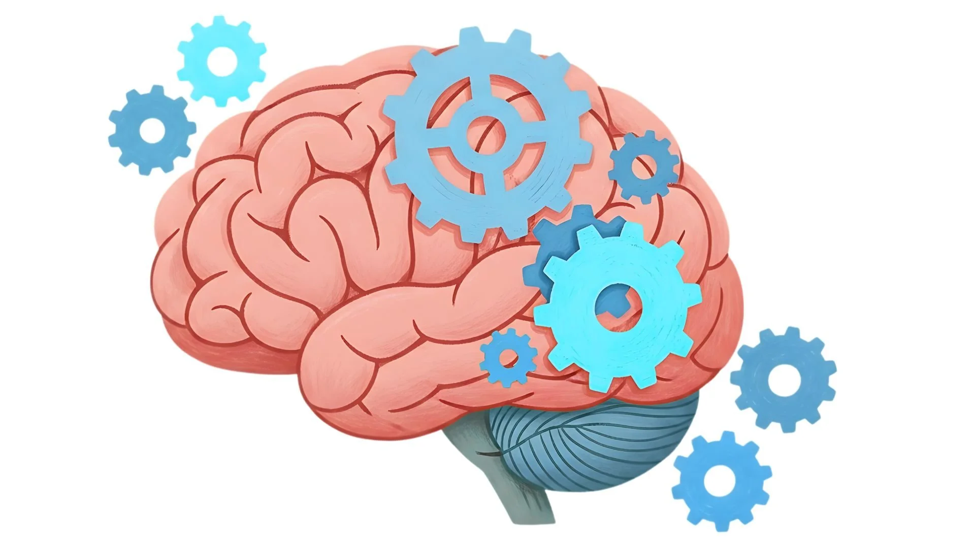 Illustration of a human brain with blue gears representing thinking and mental processes.