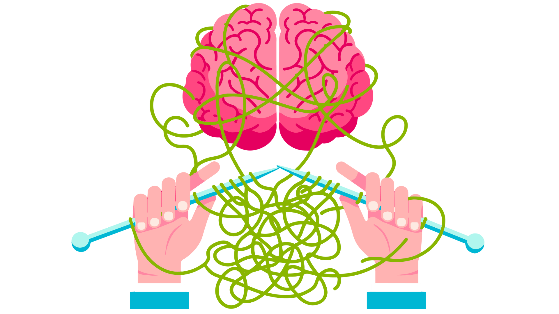 A colorful illustration of a pink brain entangled with green yarn, held by two pink hands gripping knitting needles, representing complex thoughts or mental activity.