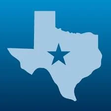 Silhouette of the state of Texas with a star in the center against a blue background.