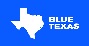 Blue Texas logo with a white Texas outline and the words 'BLUE TEXAS'.