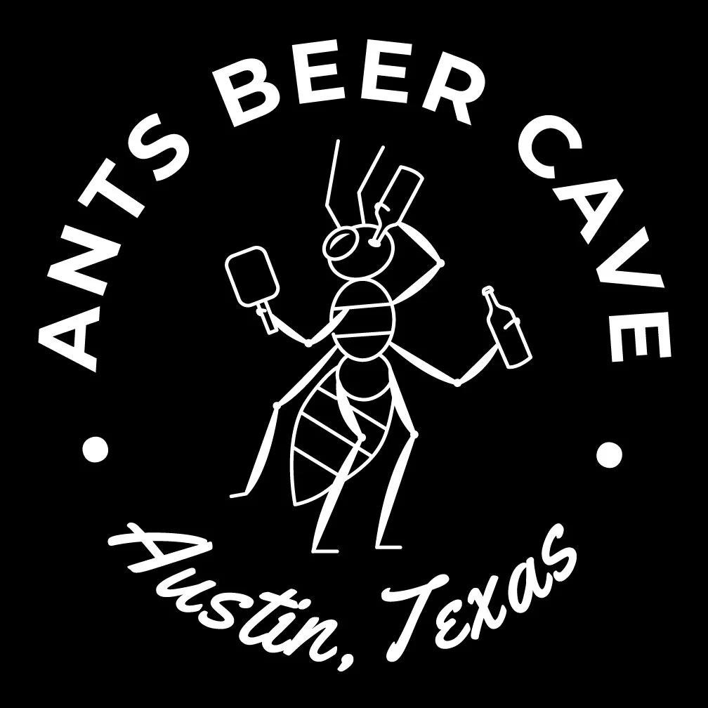 A black and white logo featuring an anthropomorphic bee holding a beer bottle and a popsicle, with text around the bee that reads 'Aints Beer Cave' at the top and 'Austin, Texas' at the bottom.