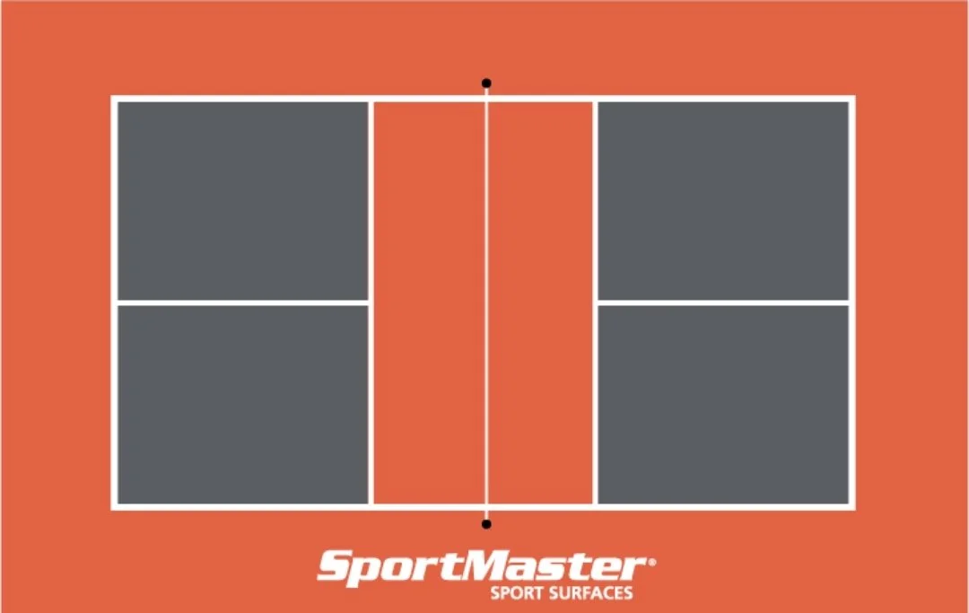 A tennis court with a red playing surface and white boundary lines, labeled 'SportMaster Sport Surfaces' at the bottom.