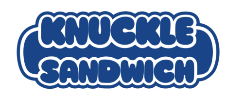 A logo with the words 'Knuckle Sandwich' in blue, stylized bubble letters.