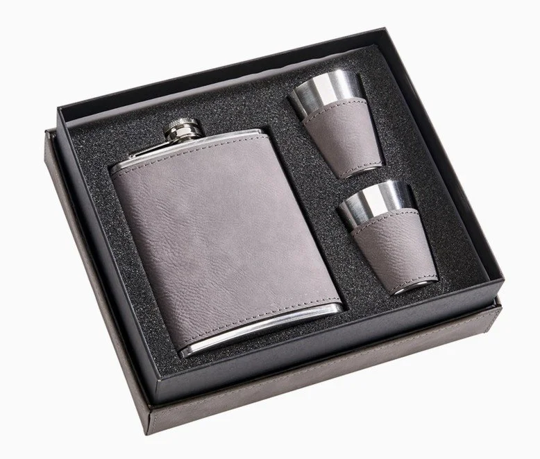 FAIRE gray leatherette flast with shot glasses.jpg