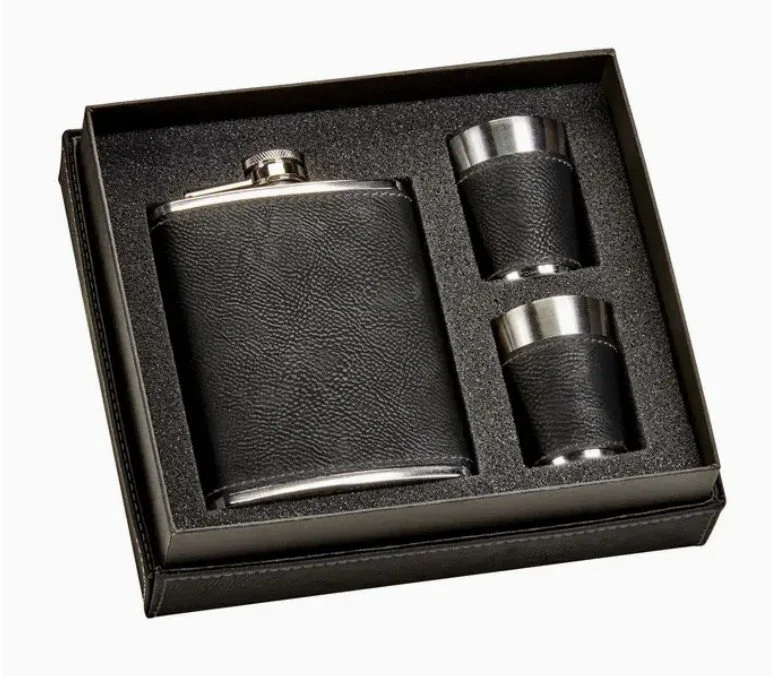 FAIRE black leatherette flast with shot glasses.jpg