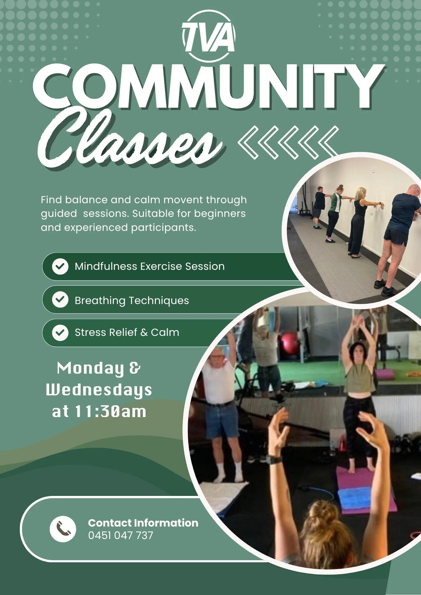 Our community classes return Next Monday the 20th of April.

-Mondays, our "Mindful Movement" class focuses on core strength breathing and muscle relaxation techniques.

-Wednesdays we have "Movement for wellness. This class focuses on
