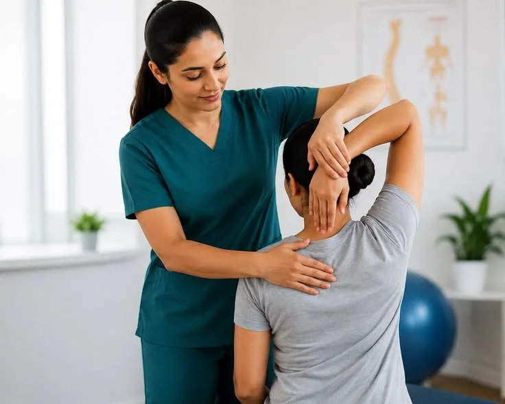 Patient performing guided arm-stretches with a physiotherapist at Total Vision Allied Health