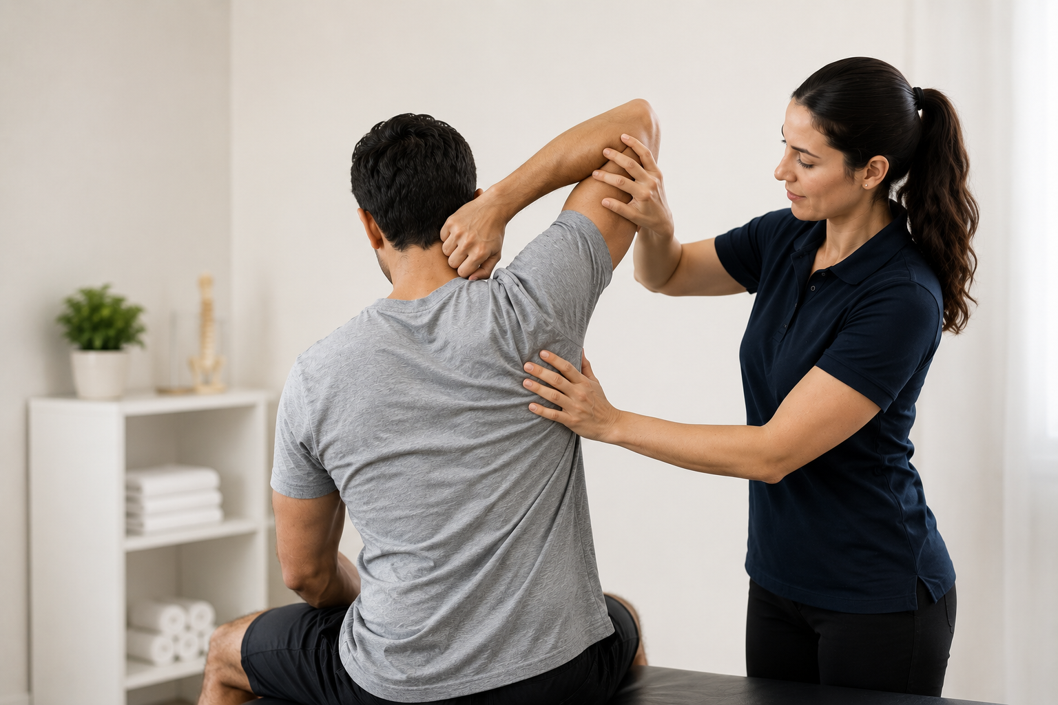 A physical therapist assists a male patient with shoulder stretches in a therapy room.