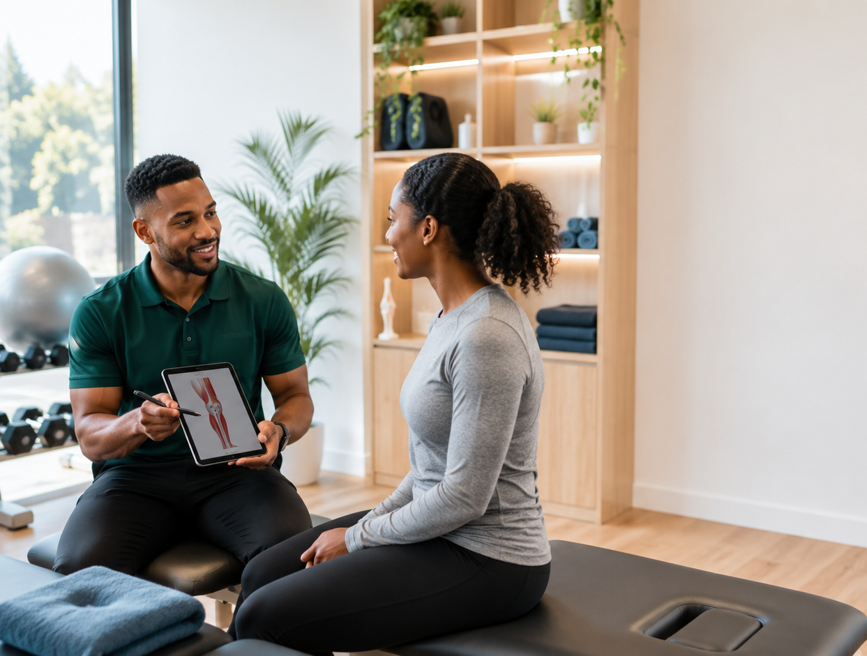 Physiotherapy explaining human muscle anatomy to a female patient at Total Vision Allied Health in Strathpine, Queensland.