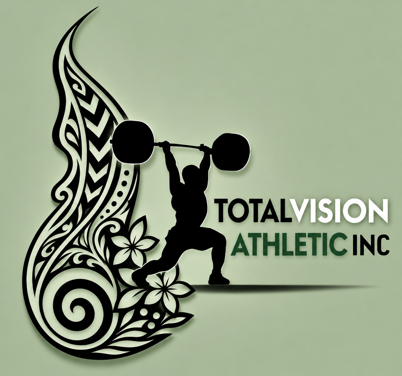 Decorative wall sign for Total Vision Athletic Inc featuring a silhouette of a person lifting a barbell next to intricate floral and tribal designs.