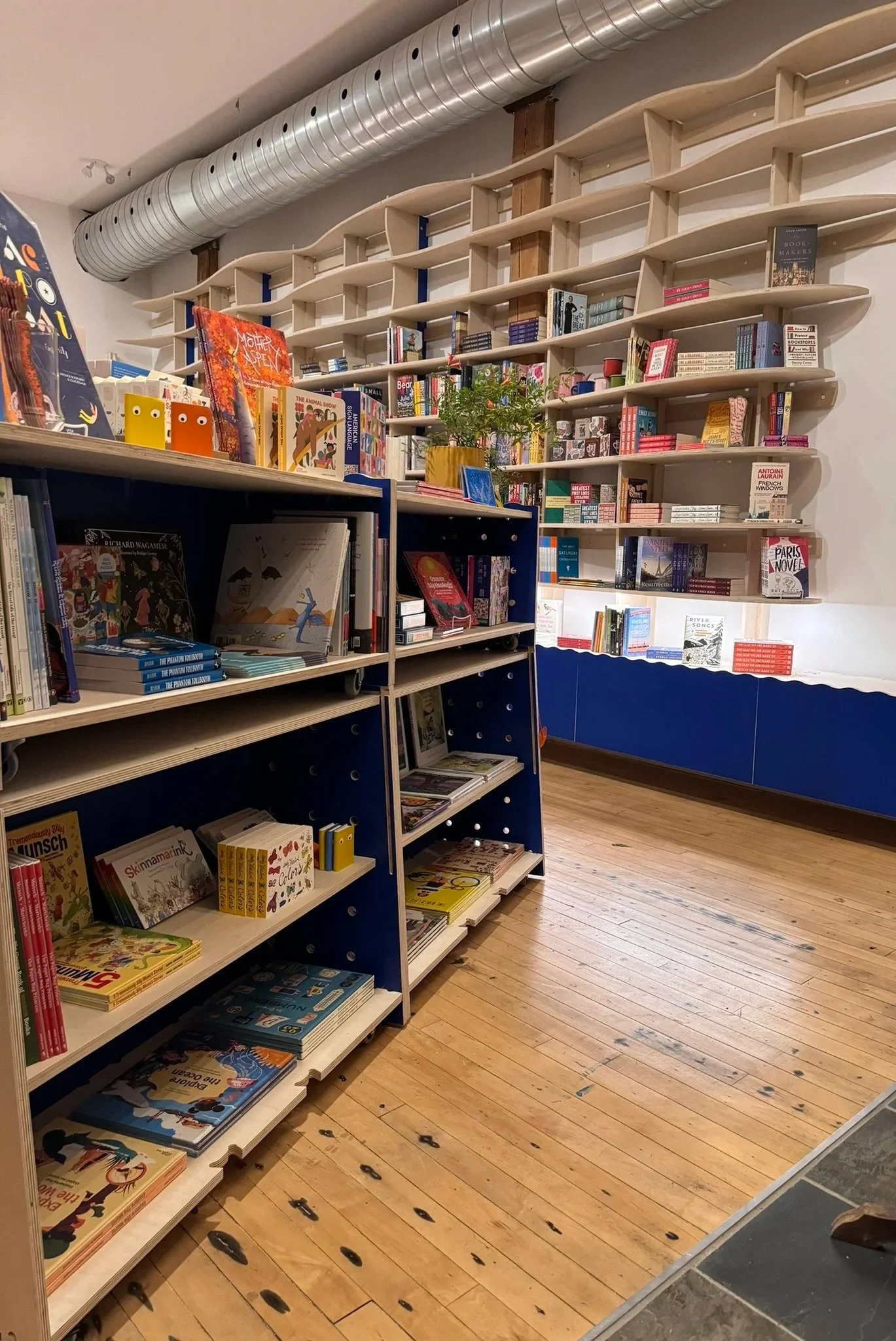 Custom designed and fabricated bookshelves filled with books and decorations in a bookstore with wood flooring.