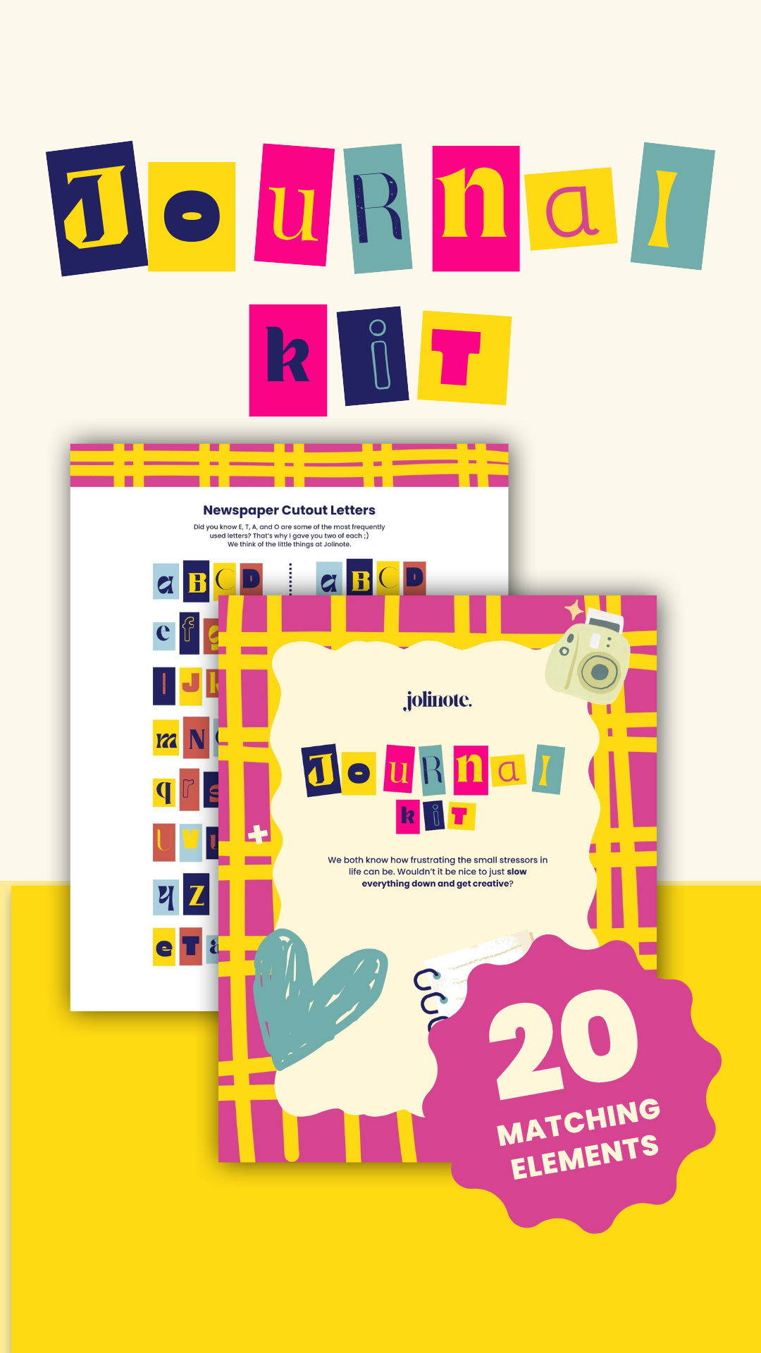 Promo for a free printable journal kit with 20 matching elements