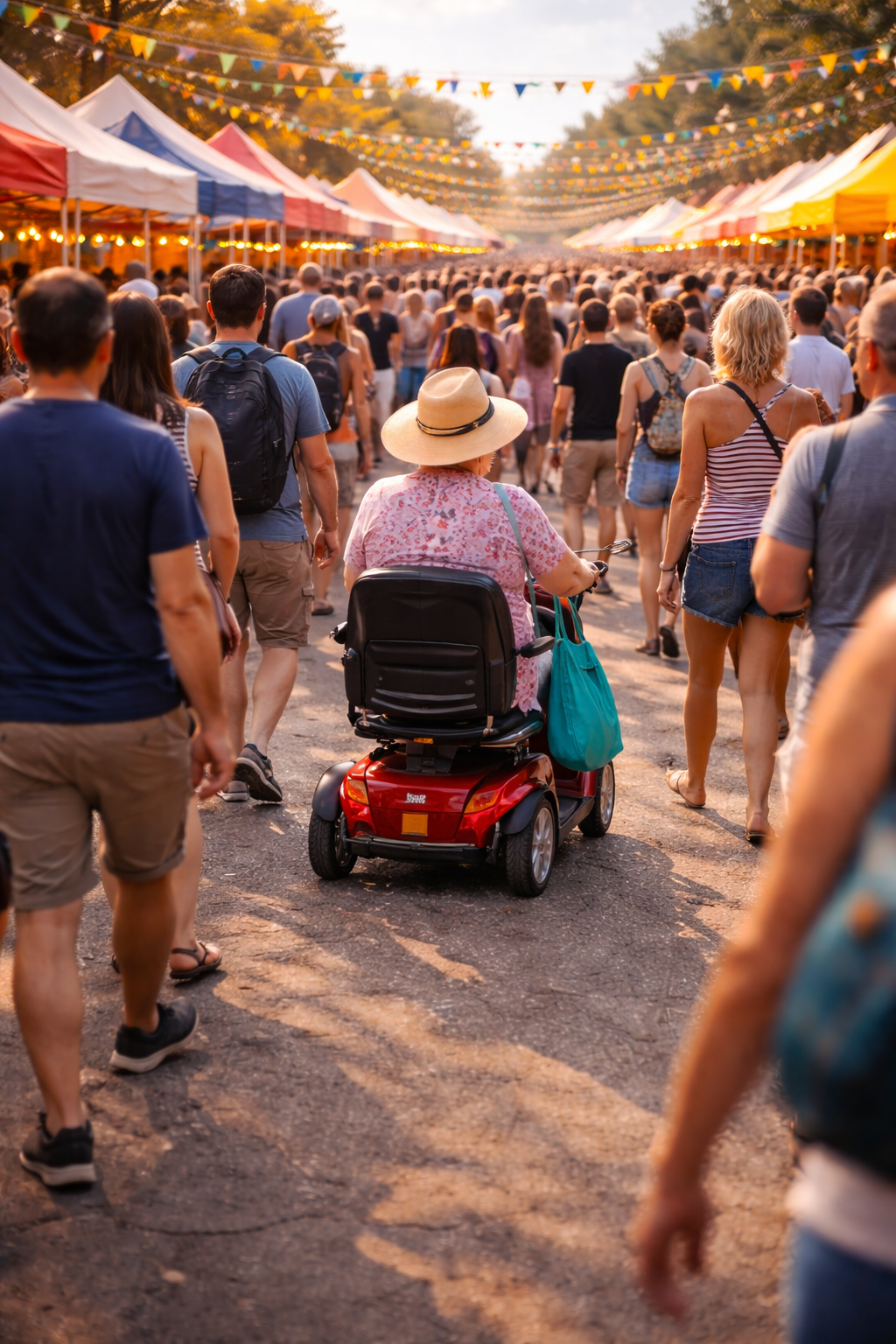 Crowd of people walking through an outdoor festival or fair with colorful tents and flags in the background, during daytime.