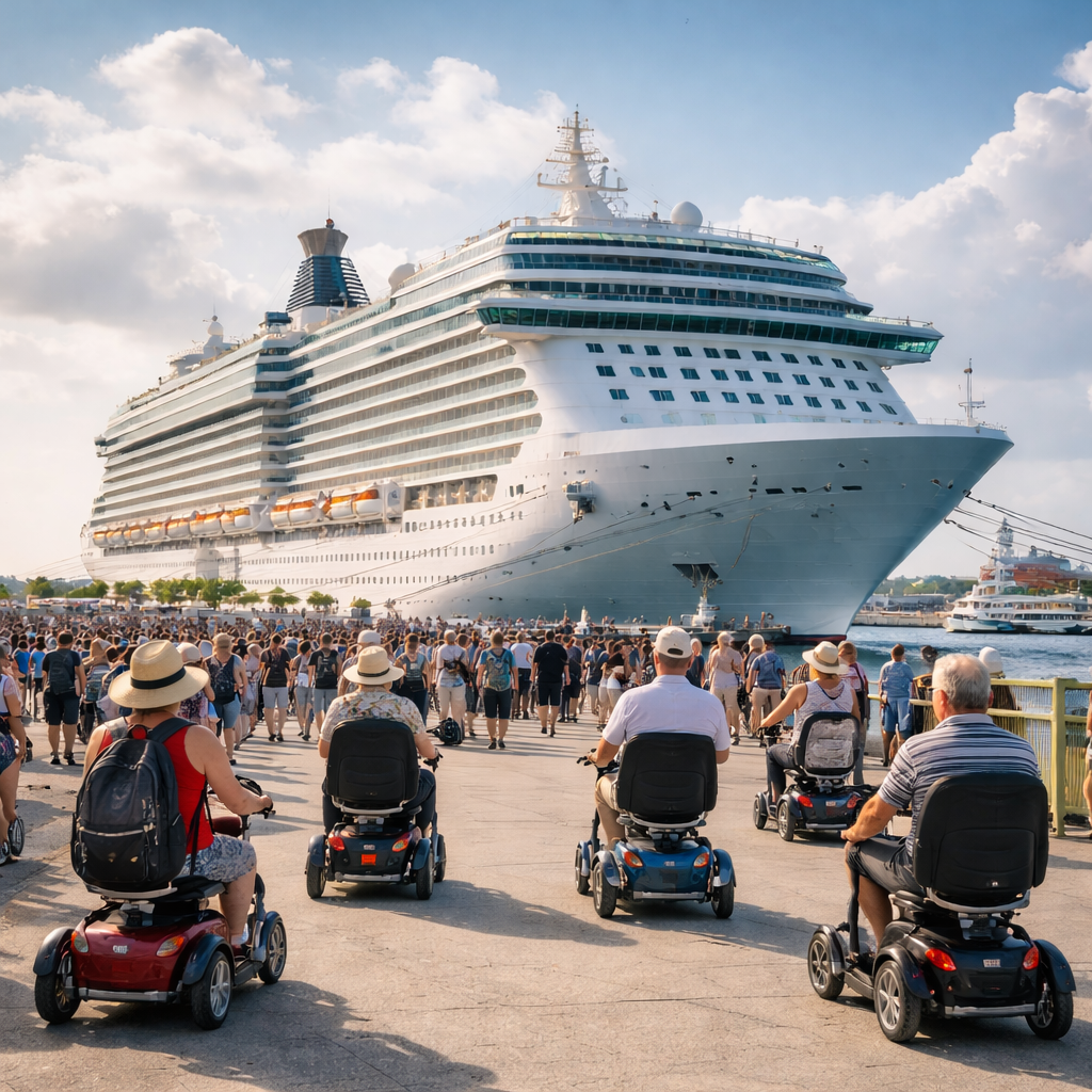 Tourists on mobility scooters and on foot watching a large cruise ship docked at the port with a crowd in the foreground and boats in the water under a partly cloudy sky.