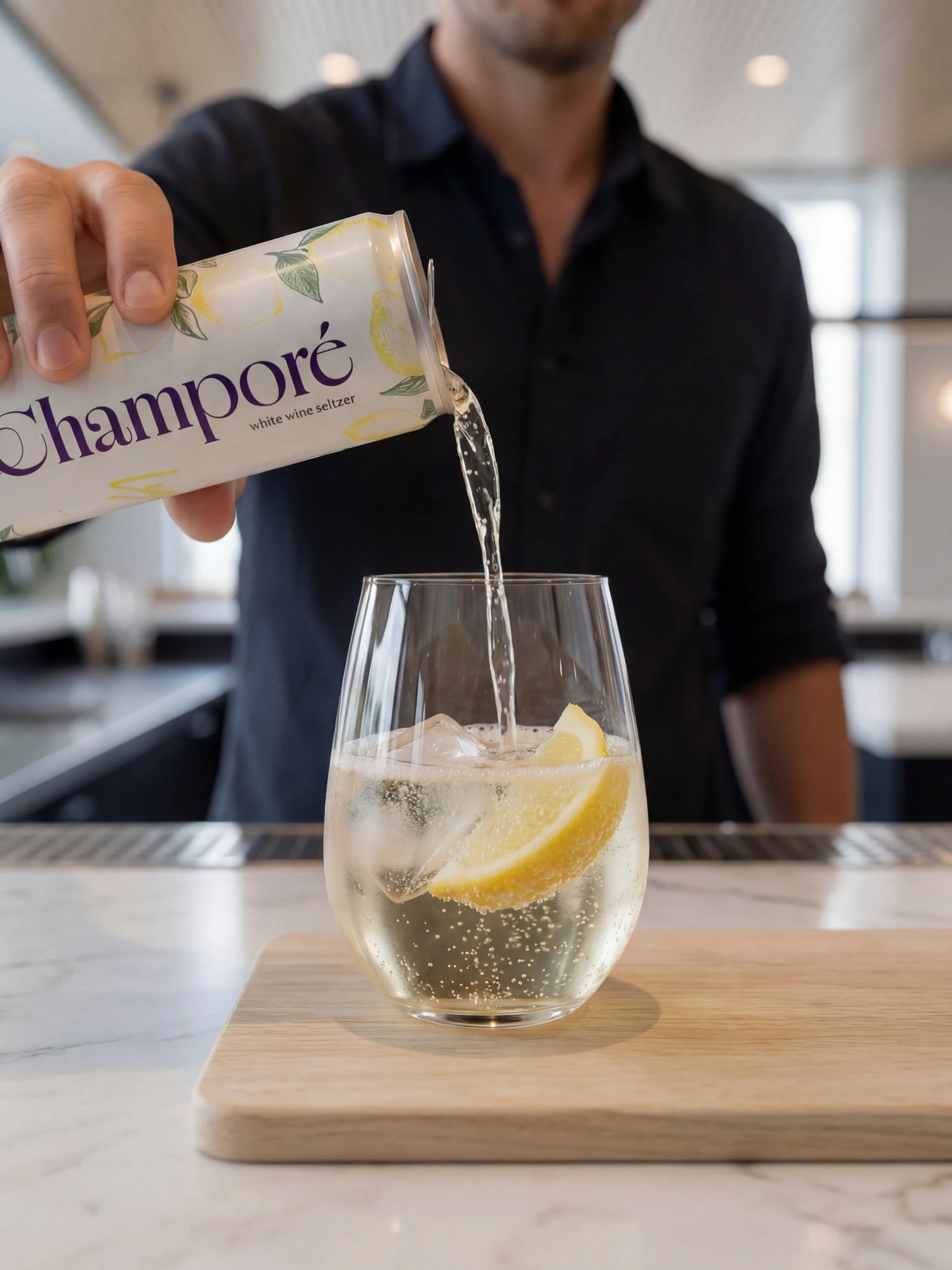 A person pouring Champoré white wine seltzer into a glass with lemon slices on a wooden coaster.