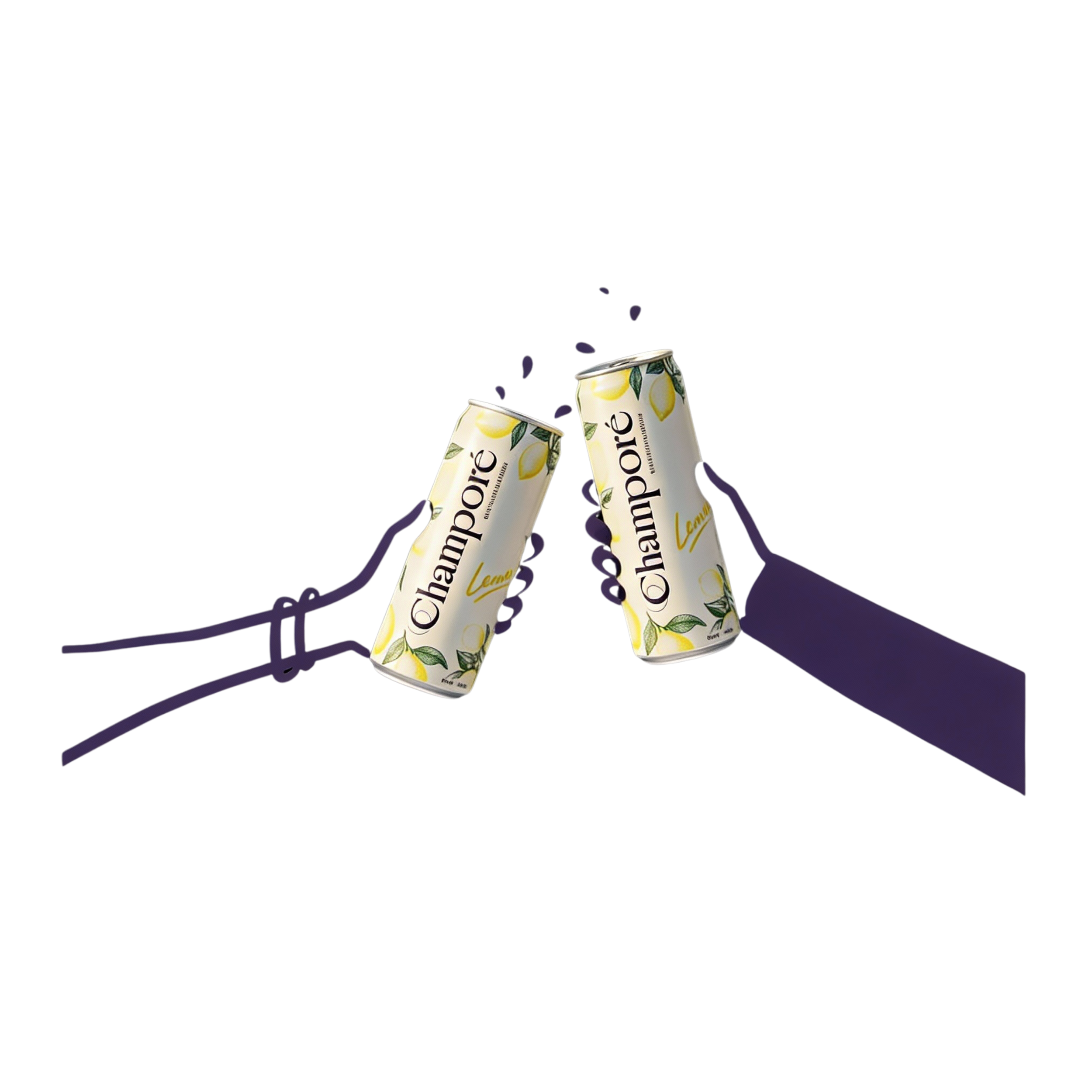 Two cans of Champoré Lemon beverage held by dark purple-gloved hands, toasting against a black background.