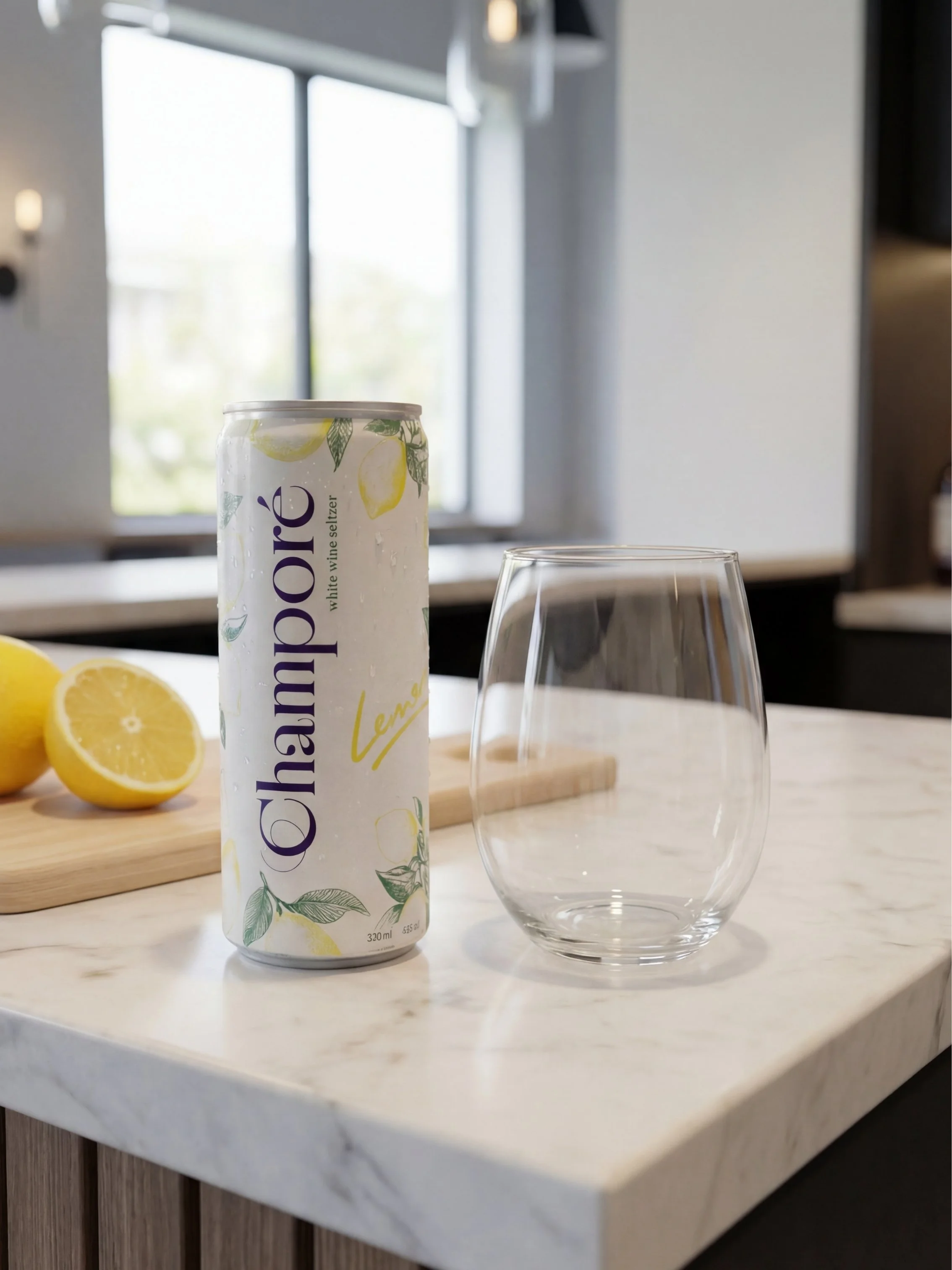 A can of Champoré Lemon white wine seltzer and an empty glass on a marble countertop with lemons and a wooden cutting board nearby, in a bright kitchen with large windows.