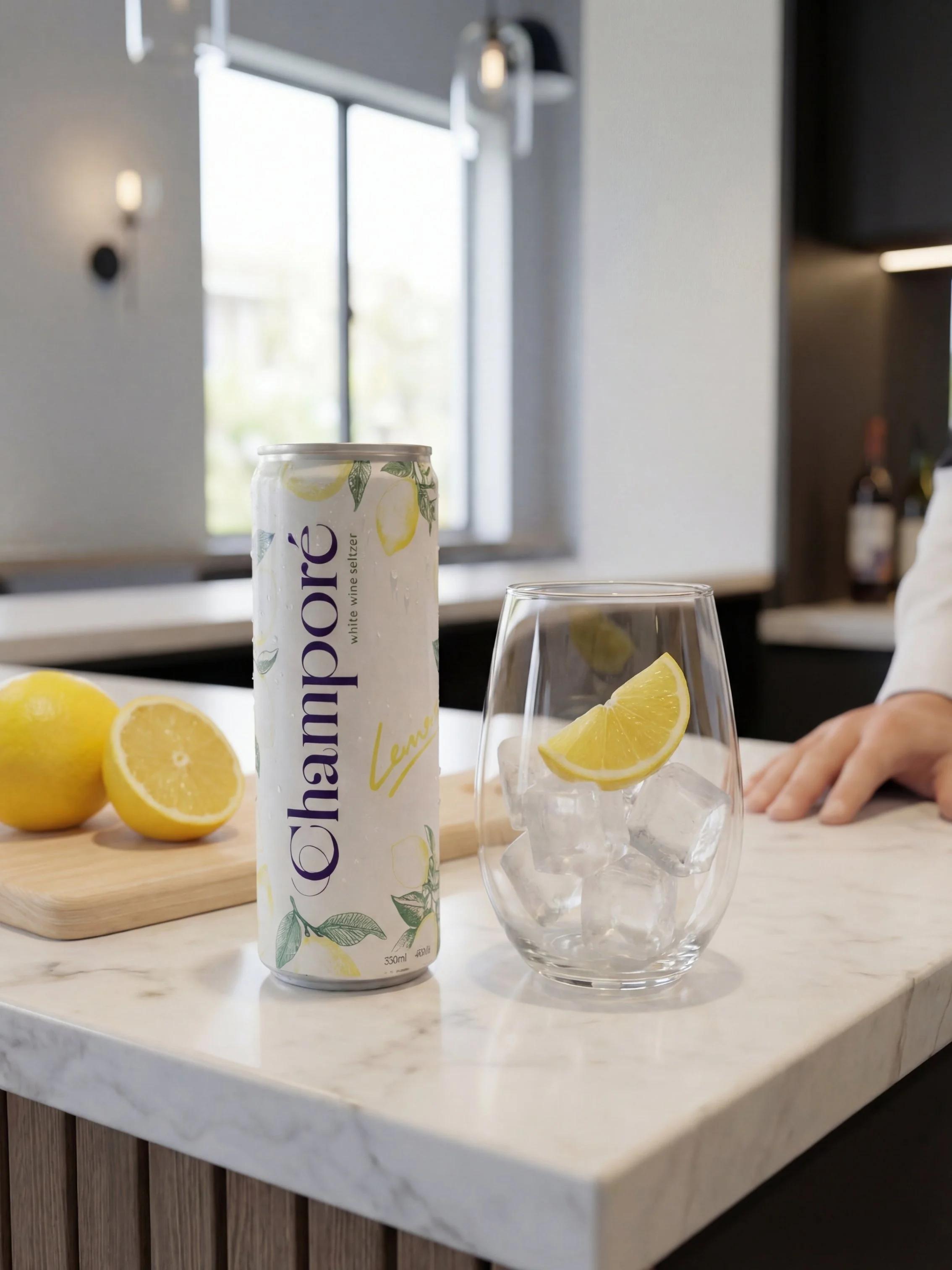 A can of Champoré Lemon white wine seltzer, a glass with ice and a lemon wedge, and two whole lemons on a wooden cutting board on a white marble kitchen counter.