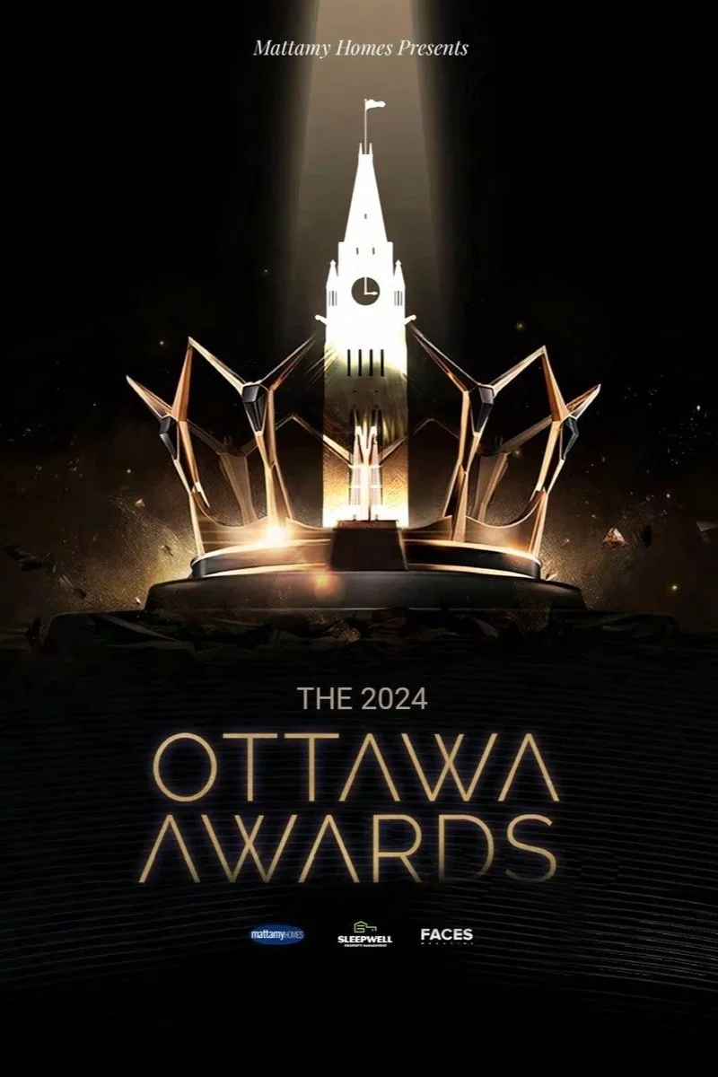 Promotional poster for the 2024 Ottawa Awards featuring a stylized image of the Parliament Hill clock tower with a crown-like structure at its base and the event details.