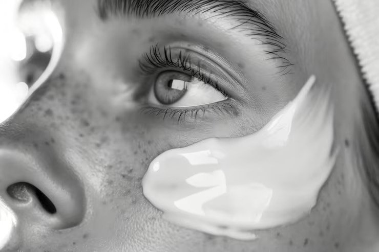 Close-up of a person's face with ethereal lighting, showing detailed freckles and eye makeup, with a streak of white cream or lotion on their cheek.