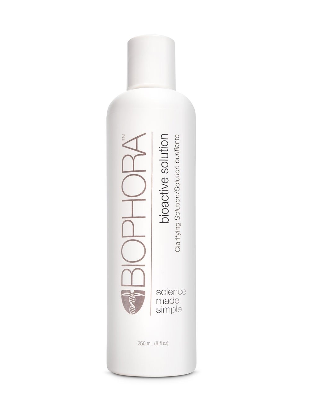A white bottle of BiohORAC bioreactive solution with a white cap and simple label, indicating it is a clarifying solution.