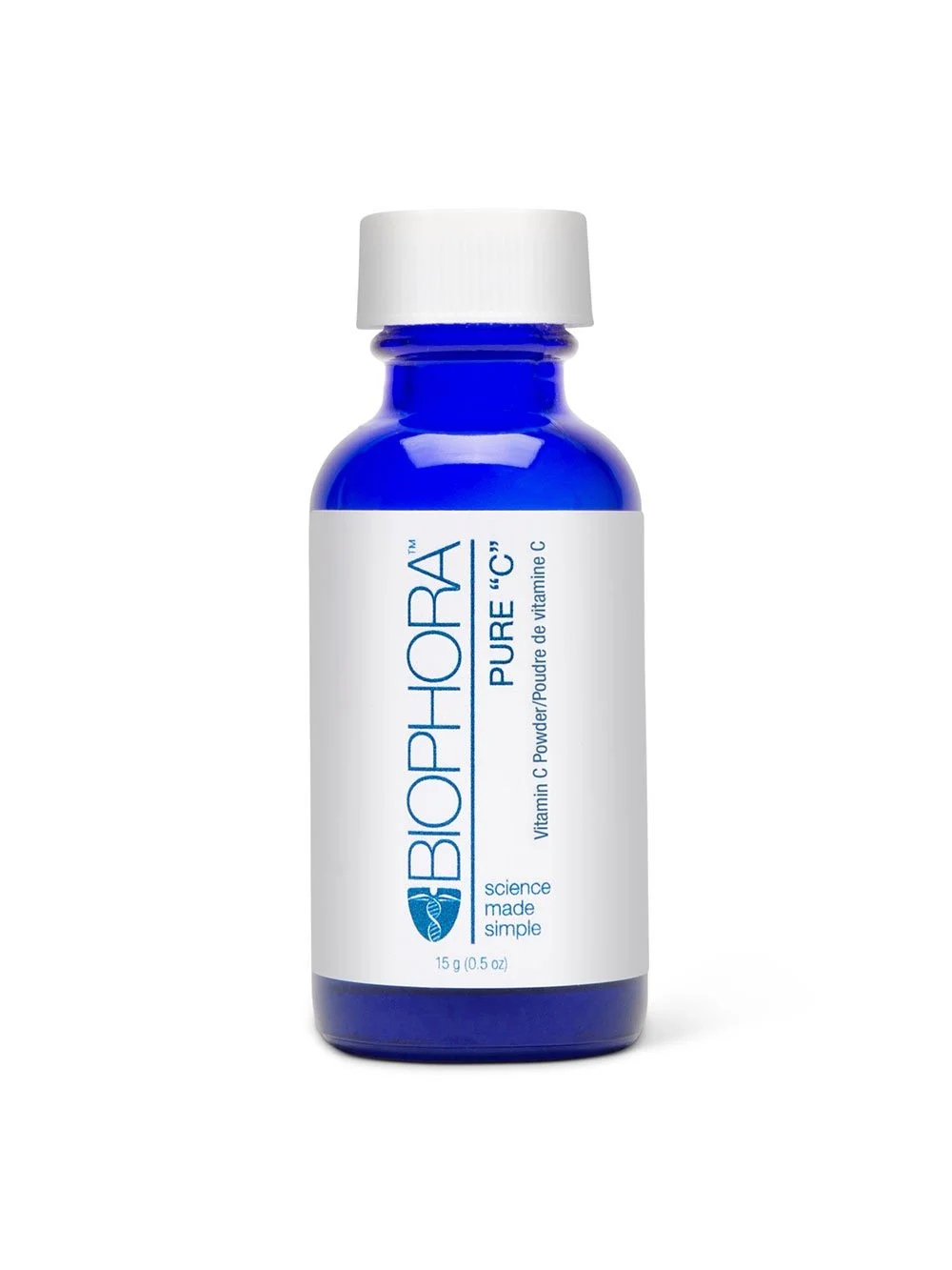 A blue bottle of bioshorrra vitamin C powder with a white cap and white label.