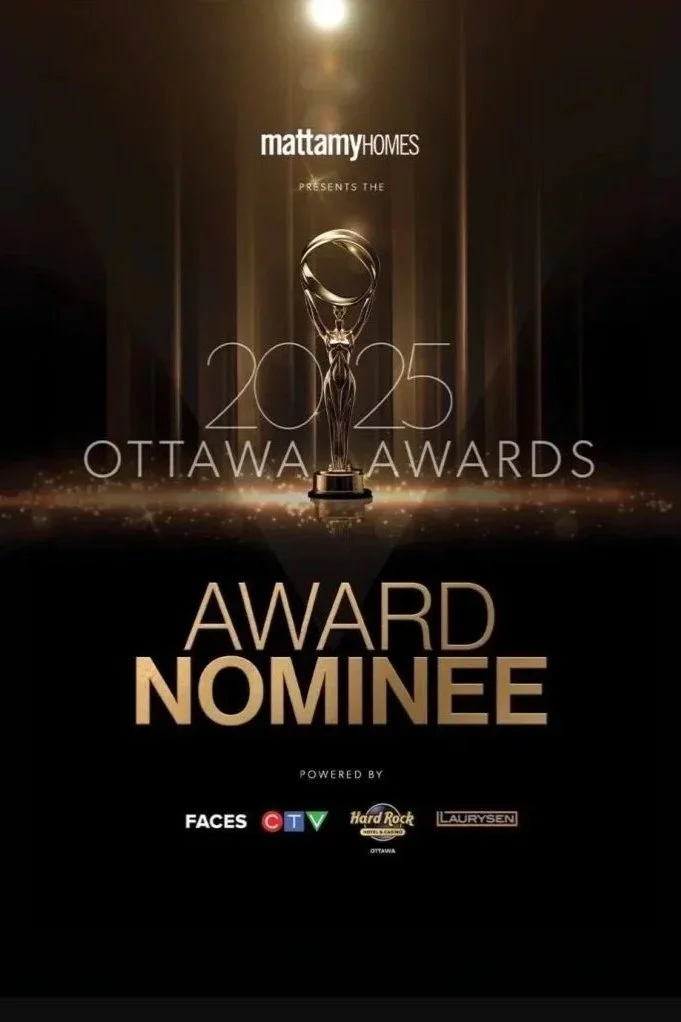 Poster for the 2025 Ottawa Awards presented by Mattamy Homes, featuring an award trophy and the text 'Award Nominee' with logos of Faces, CTV, Hard Rock, and Laurysen.