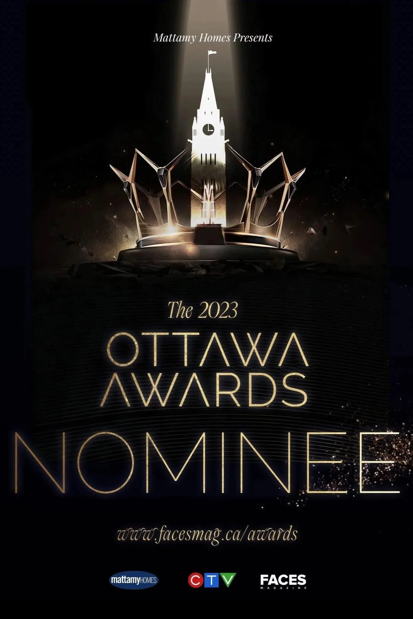 Promotional poster for the 2023 Ottawa Awards Nominee event featuring a stylized illustration of the Parliament Hill bell tower in Ottawa, with a dark background, spotlights, and sponsor logos at the bottom.