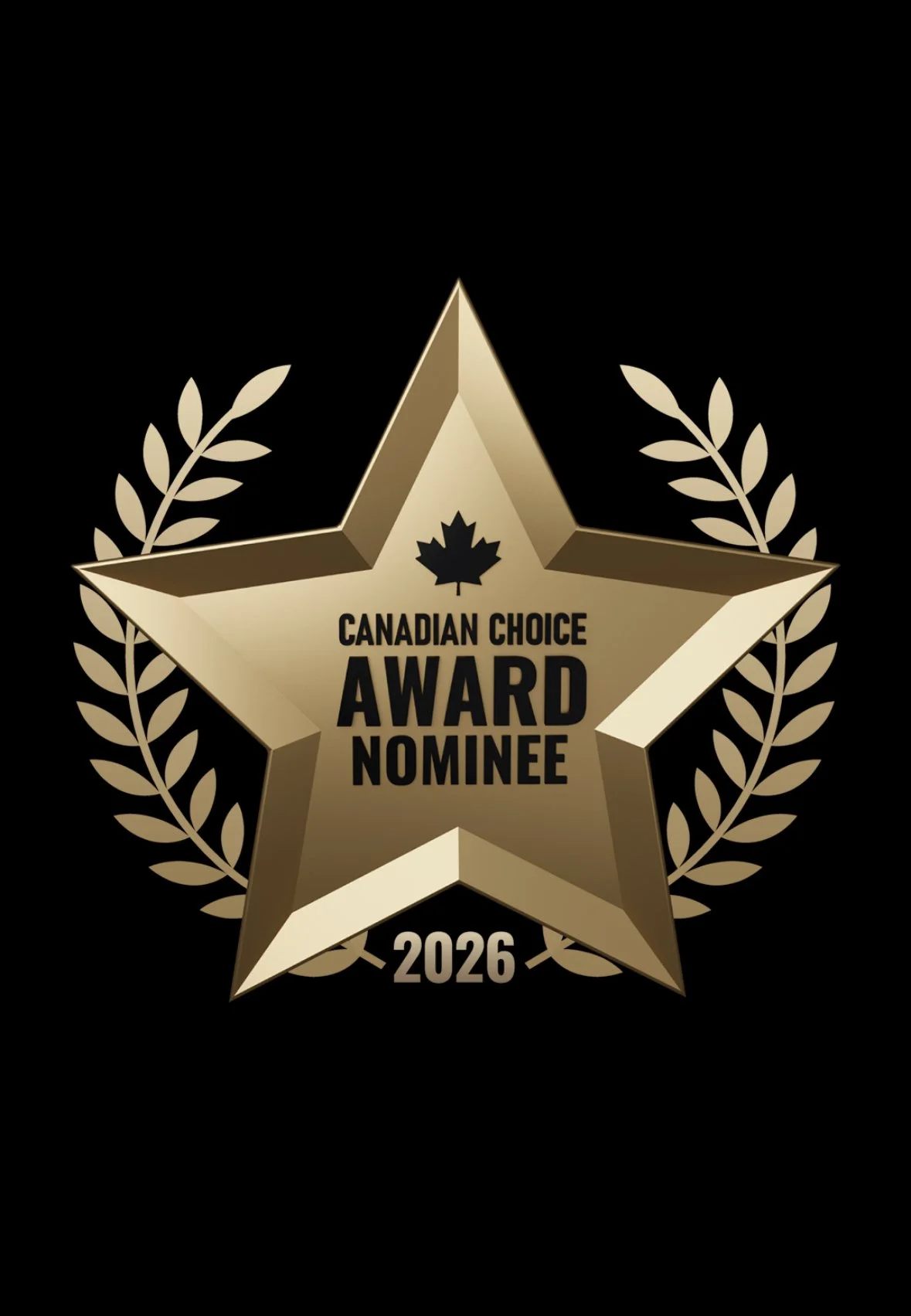 Gold star badge with a black maple leaf at the top center, surrounded by laurel branches, with black text that reads 'Canadian Choice Award Nominee 2026'.