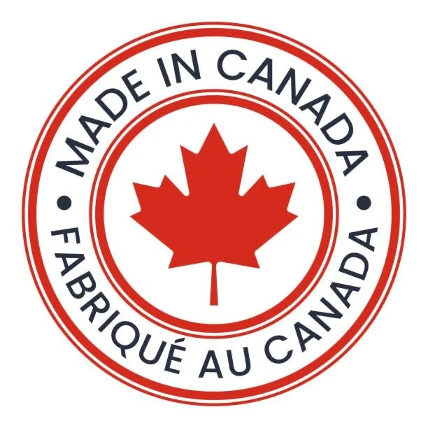 Circular label with a red maple leaf in the center, surrounded by the text 'Made in Canada' and 'Fabriqué au Canada' in black.