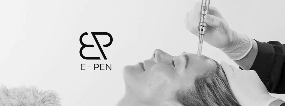 A person receiving a cosmetic facial treatment with a syringe in a clinical setting, with the text 'E-PEN' and a stylized logo.