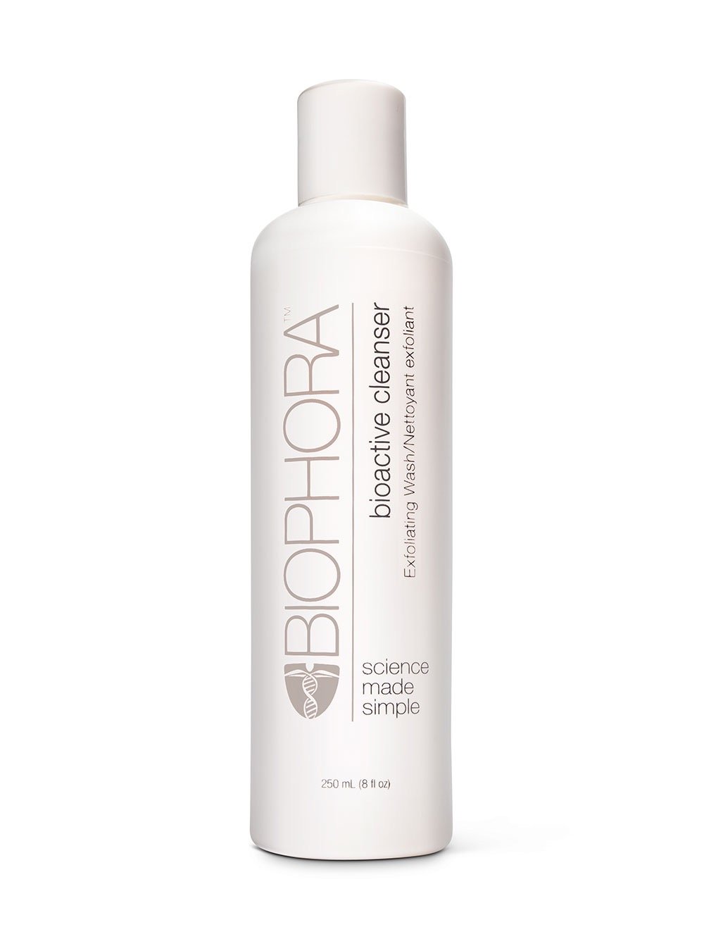 A white bottle of Biohorizons bioactive cleanser with a white cap, labeled as exfoliating and clarifying.