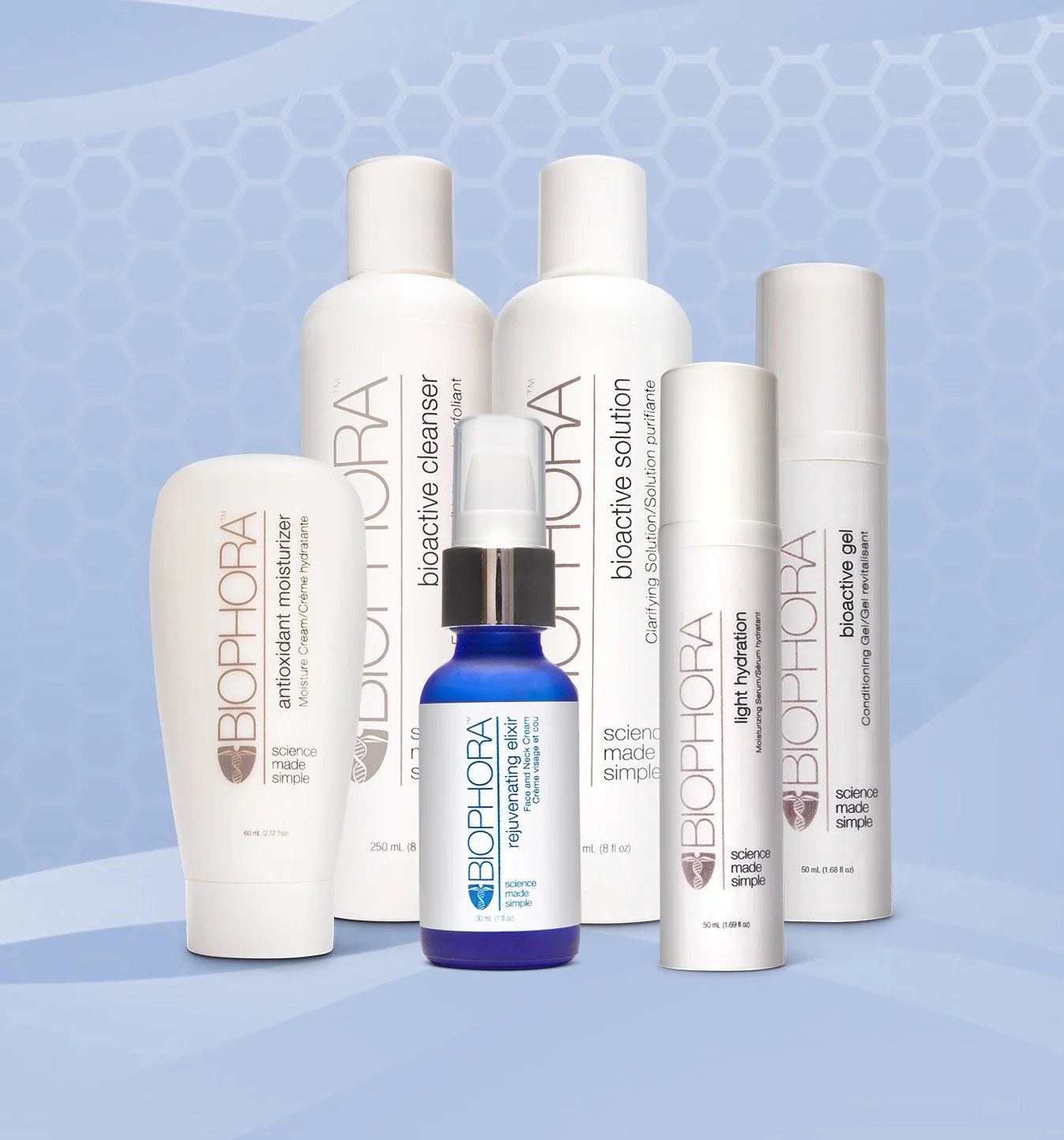 Collection of Biophora skincare products including cleansers, moisturizers, and serums displayed against a light blue background.