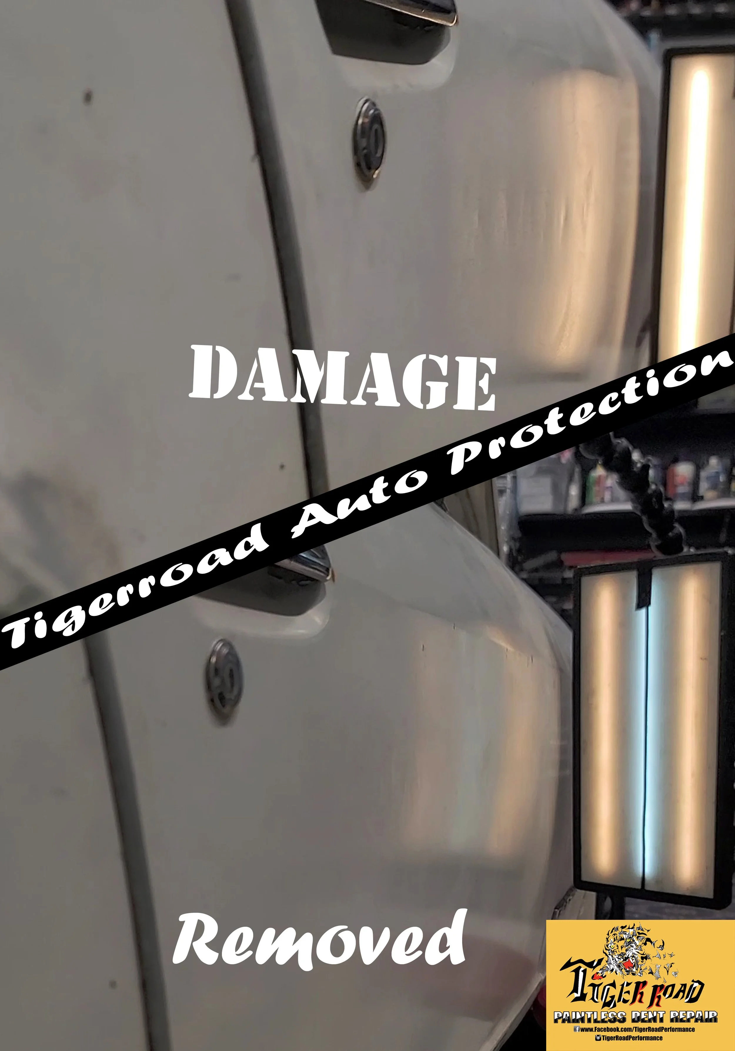 Datsun 240z car with Faded Clear coat and line of Dents across Door; removed