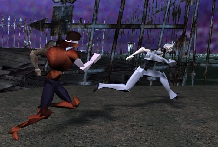 Still from a 3D computer animation project in College at the Art institute of Pittsburgh. A video Game idea with 2 Original Characters Running through a level of the Fictional Game Blood Beasts