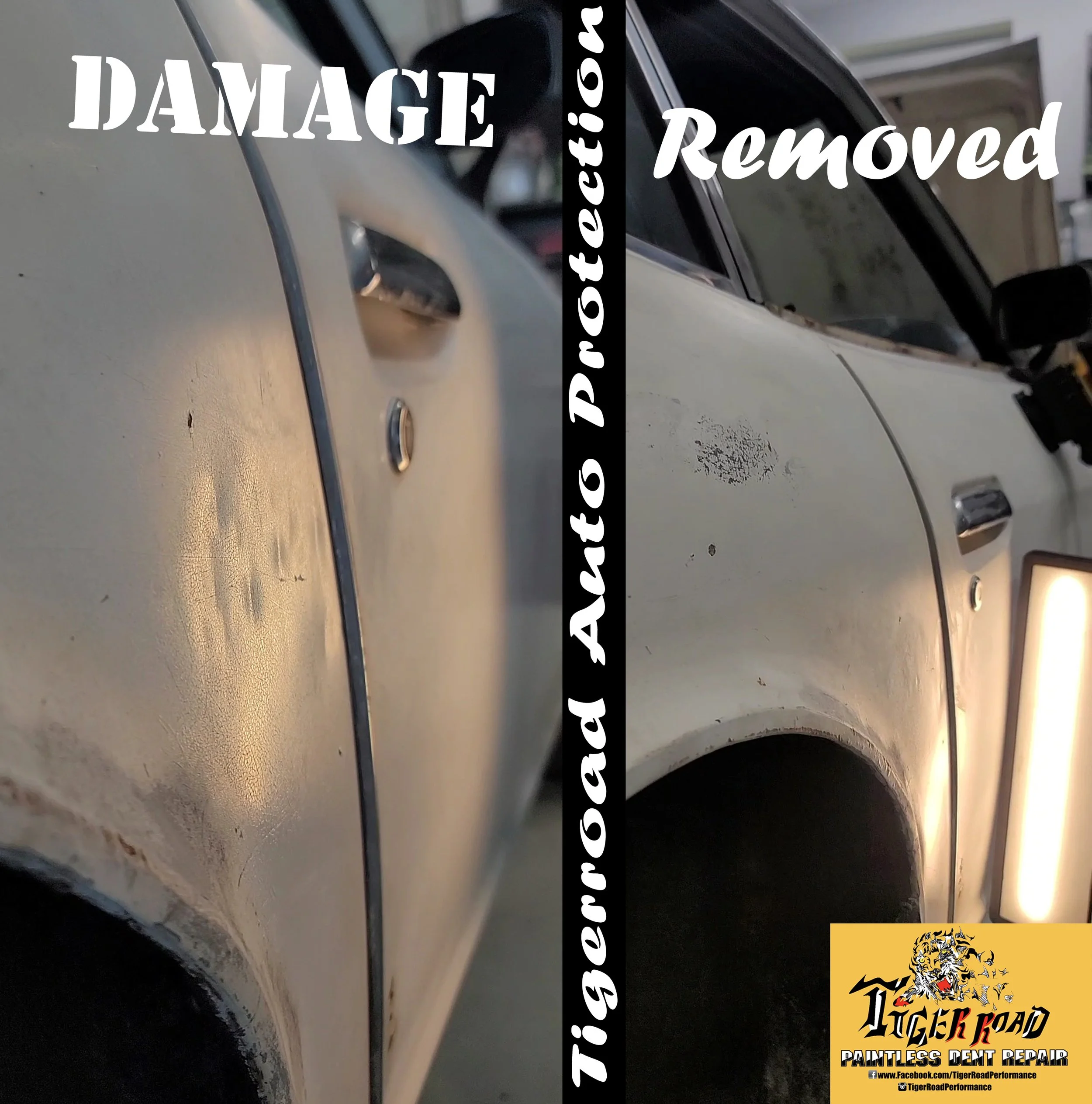 Datsun Z with Multiple Dings in one Panel and Faded Paint, Done with Hidden Access Hole in Wheel Well