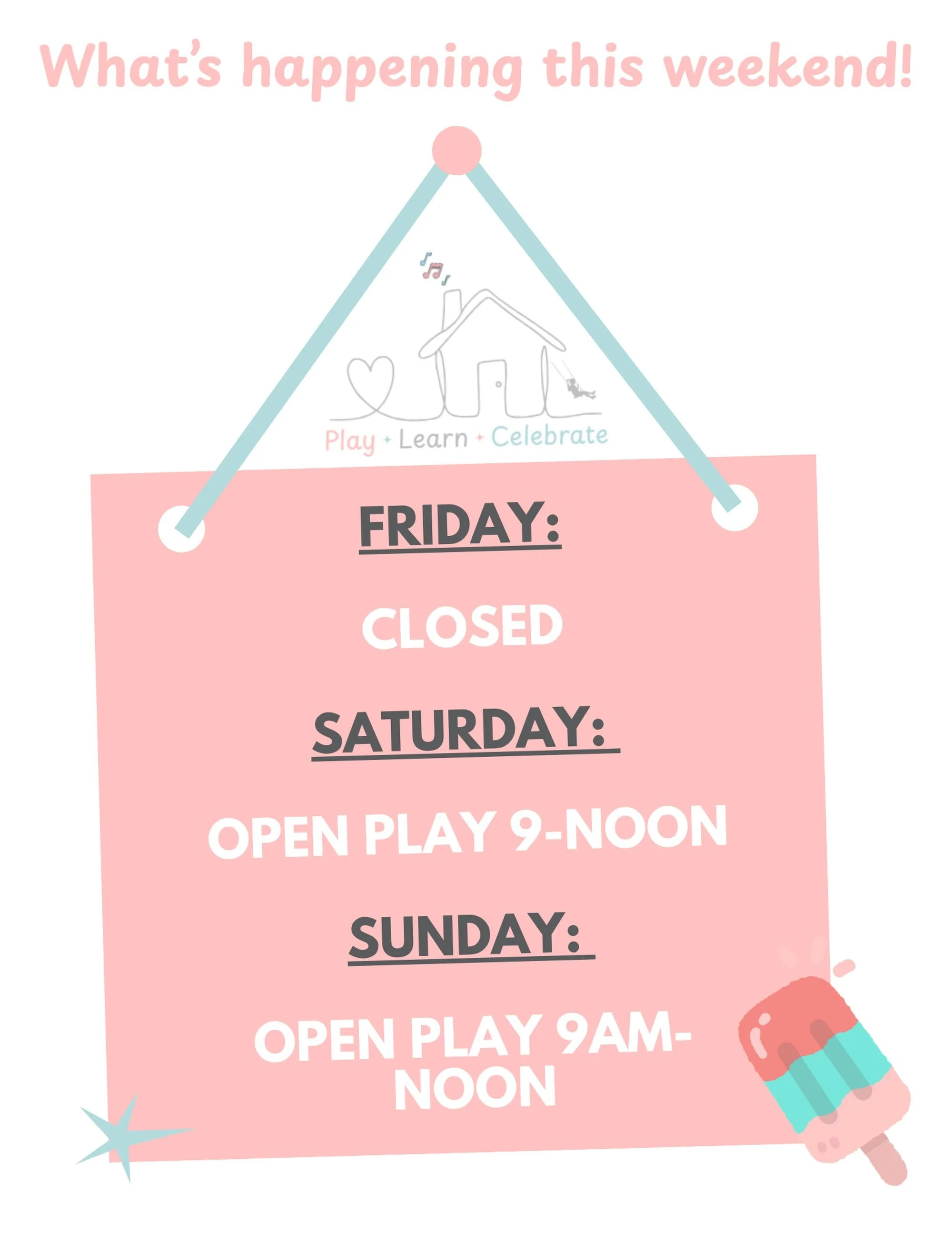 Hello!

I'm going to start posting our weekend availability on Thursdays! Unfortunately we have a scheduling conflict tomorrow (Friday, 8/21) so we will be closed. 

We will however have weekend open play hours on BOTH Saturday &amp; Sunday! 

Drop i