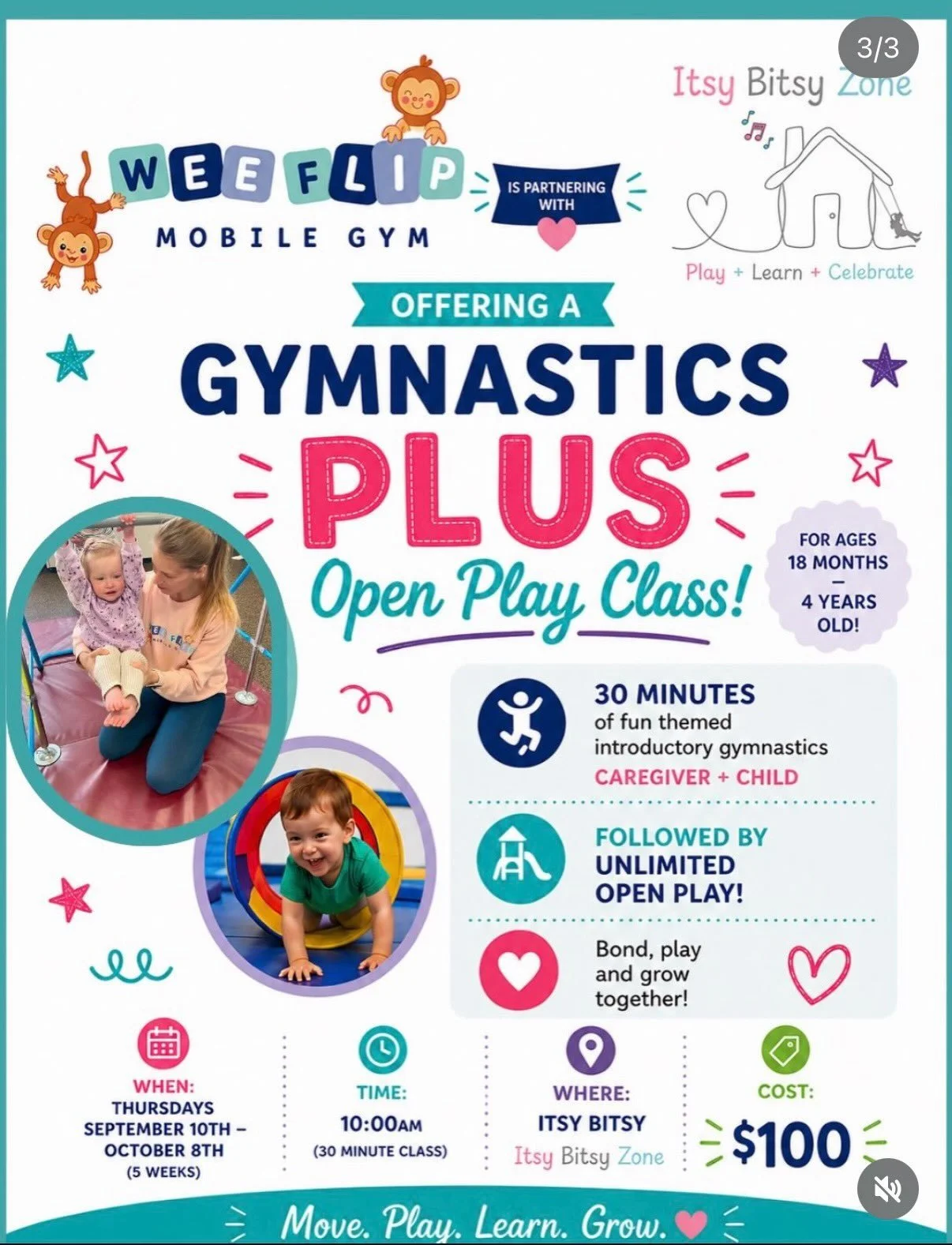 Thursday Morning Plans = Sorted ☕✨

Got a 18-month to 4-year-old ready to jump, roll, and balance? Our Fall Gymnastics class launches this Thursday, and a few spots we need to fill! 

For the same price as a regular drop-in play session, you get:
🤸 
