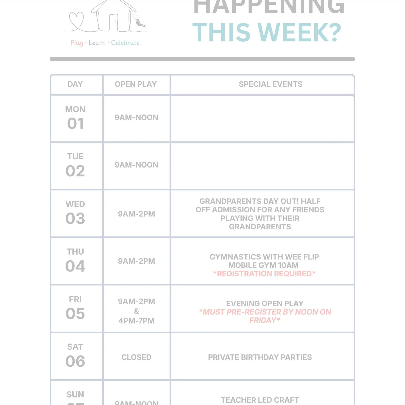 A Quick Schedule Update! 🗓️✨

We love hosting events and classes for your little ones, but as every parent knows, family life moves fast! To keep things running smoothly and avoid last-minute cancellations, we&rsquo;re updating how we share our cale