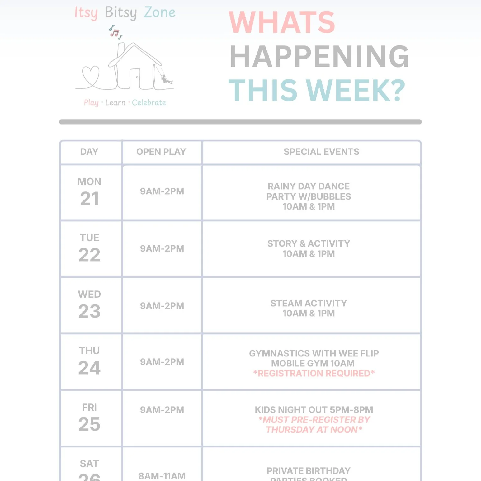 Get ready for an action-packed week at Itsy Bitsy Zone! 🥳 

We had to pivit a bit from our original plan, as I need a little more prep/marketing time before we start our playgroups, but this lineup won't dissapoint!!

🫧 Mon 21: Rainy Day Dance Part