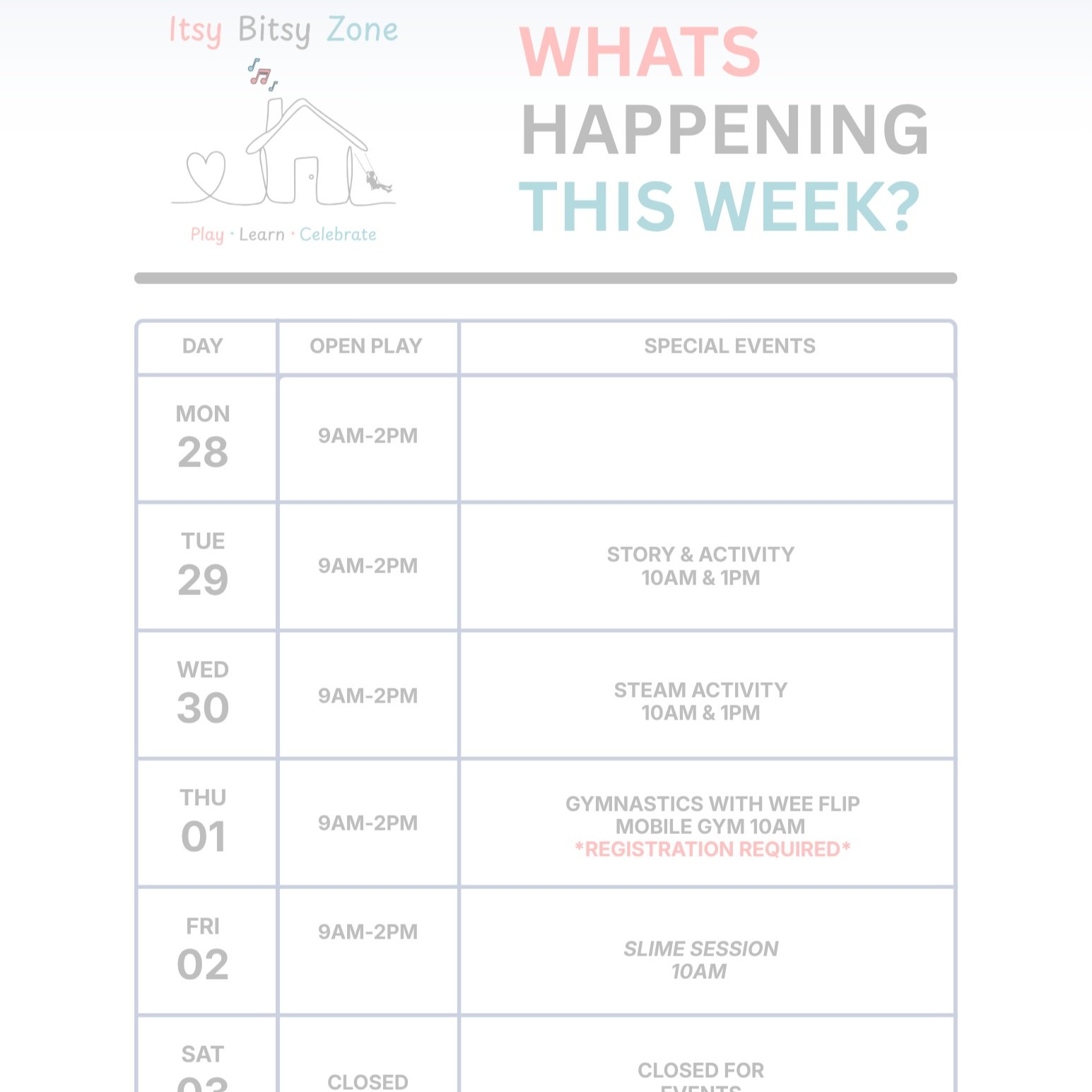 I tried to do an auto post this week and clearly failed---so here is our schedule! Nothing missed so far, phew!

Hope to see you in the playspace! 

Have a great week, families!