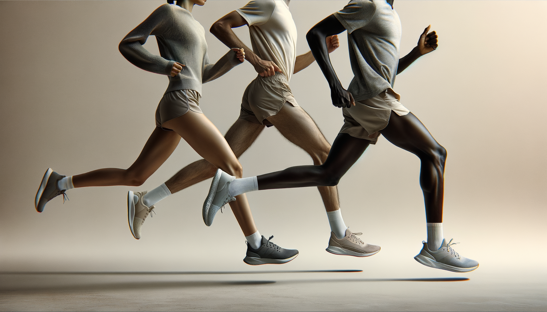 Three people running together, wearing athletic clothing and running shoes, against a plain background.