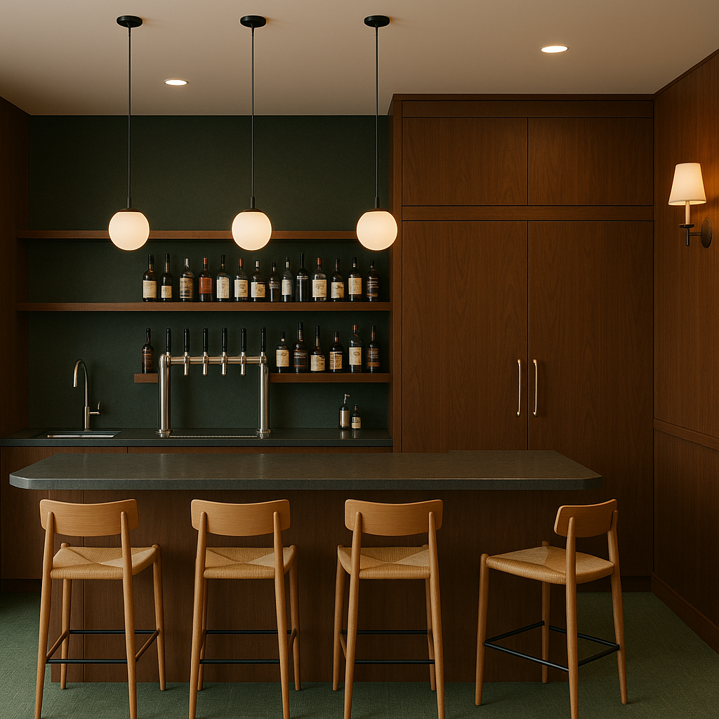 Modern bar area with three hanging pendant lights, a countertop with four bar stools, wooden cabinets, and a back wall with bottles on shelves.