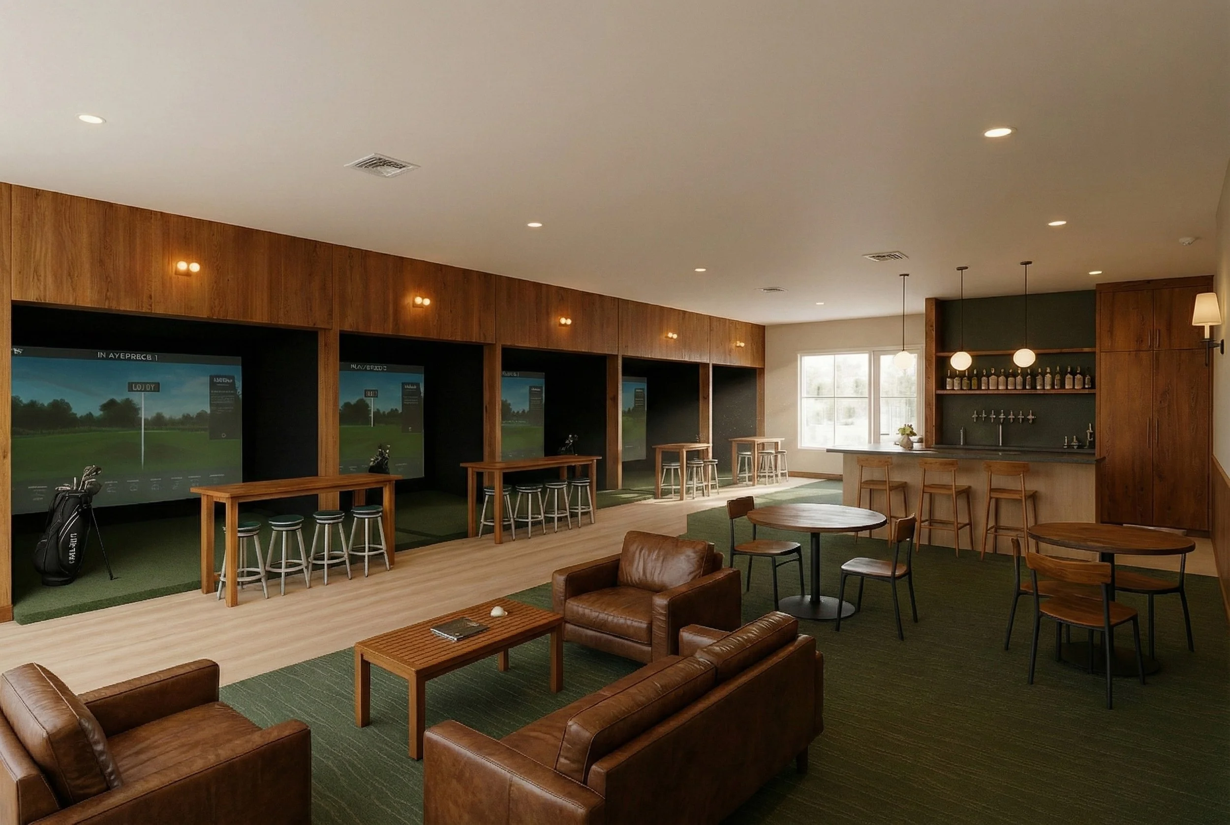 A golf simulator room with four golf simulators along a wooden wall, a seating area with leather couches and a coffee table, a bar area with high chairs, and a window letting in natural light.