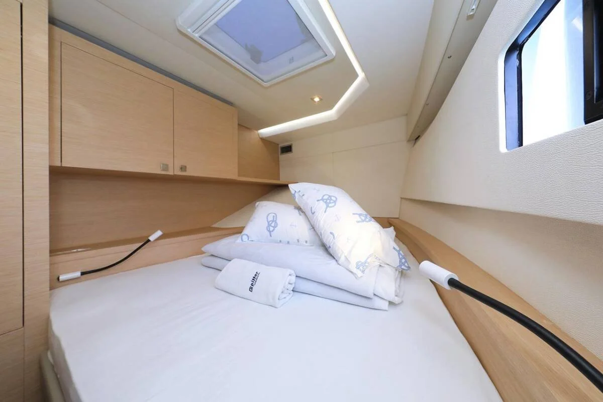 Luxury interior detail of the Fountaine Pajot MY37 — zero-motion hospitality platform, Fort Lauderdale