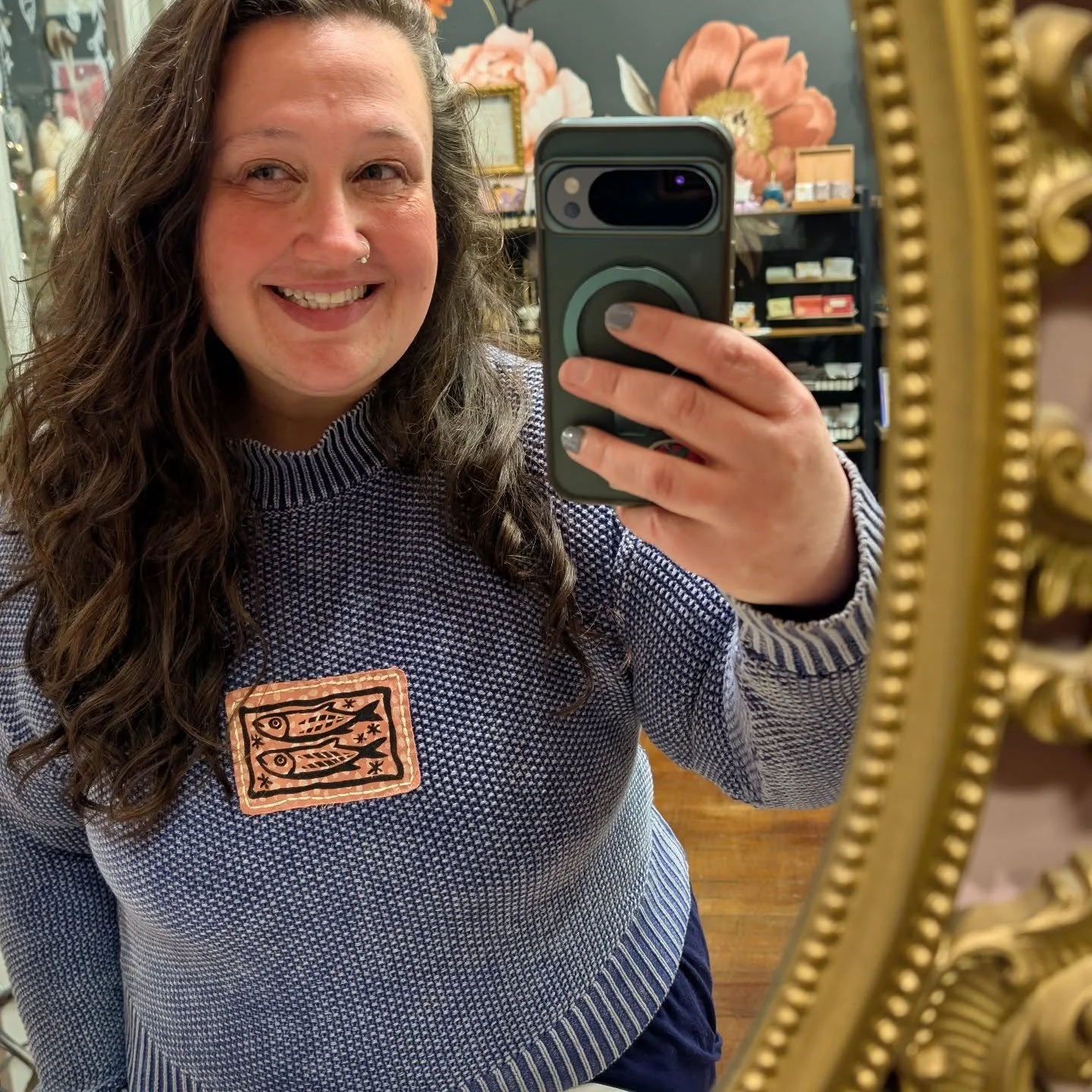 Working on patches of all kinds! Love this sun faded sweater with little fish featured on the front 🐟