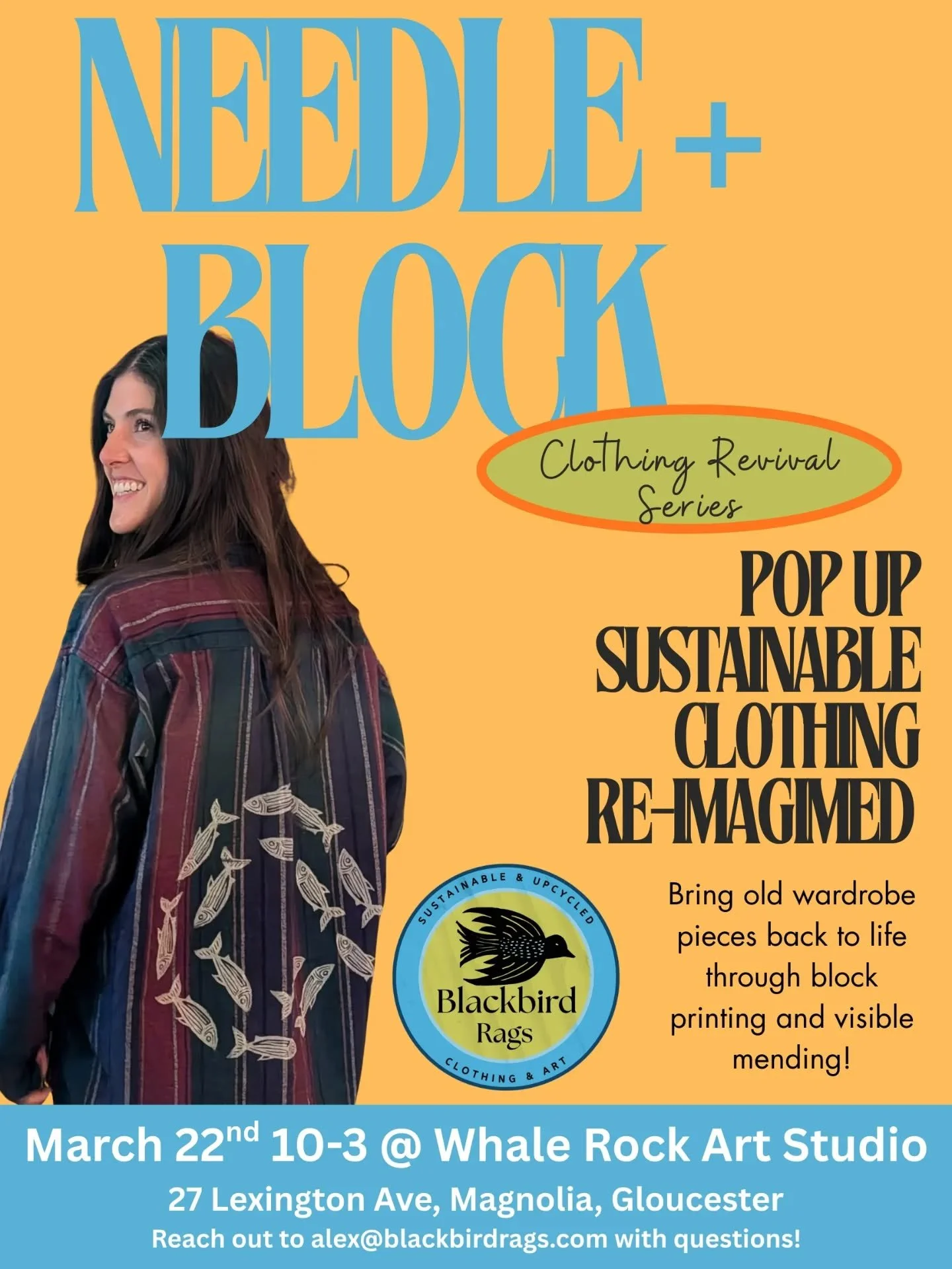 Needle &amp; Block 🪡🧵 continues it's tour! 

Come see me at @whalerockartstudio, 27 Lexington Ave Magnolia Gloucester, March 22nd from 3-10!

While we turn your clothing into wearable art, take a stroll through the gallery space and view the art sh